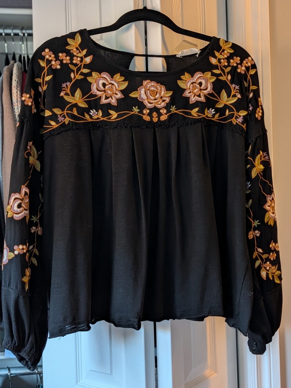 In Bloom Black Embroidered Floral Peasant Tunic